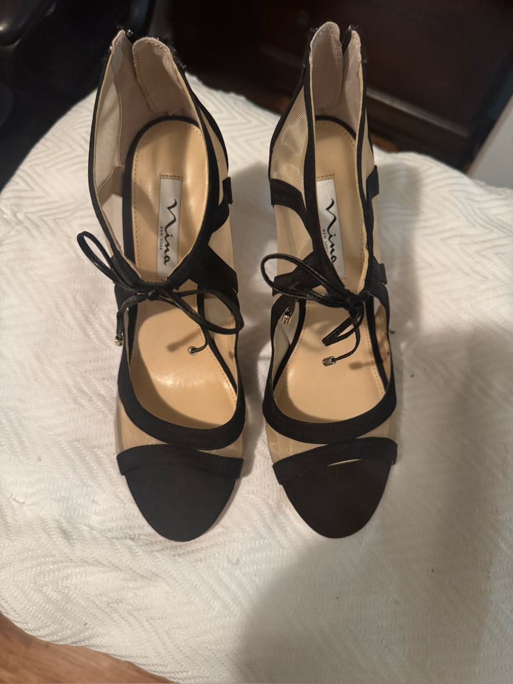 Nina Black and Nude Lace-Up Open-Toe Heels with Mesh Panels